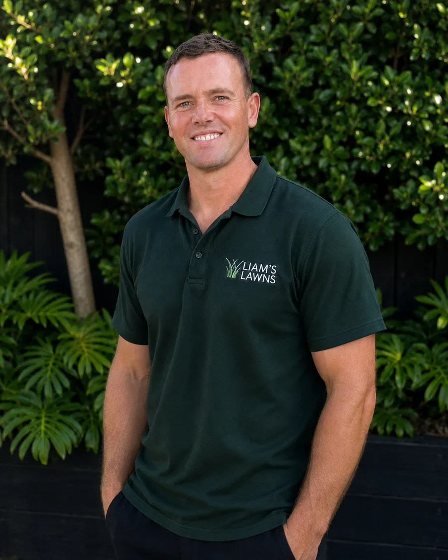 Liam, owner of Liam's Lawns, in a dark green Liam's Lawns polo shirt